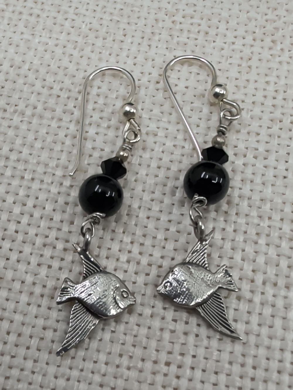 Vintage Sterling Silver Black Onyx Fish Dangle Drop Earrings Estate